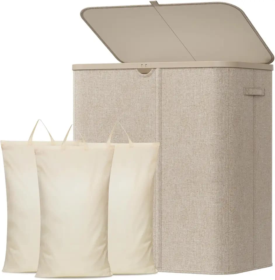 Lifewit 165L Wäschekorb mit Deckel und 3 Fächern, Beige