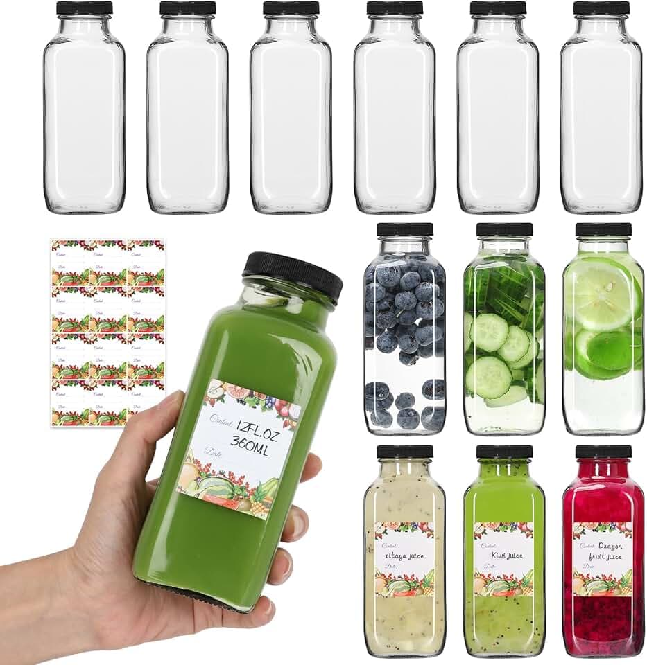 12 oz Glass Juice Bottles with Lids 12Pack,Square Reusable Drinking Bottles