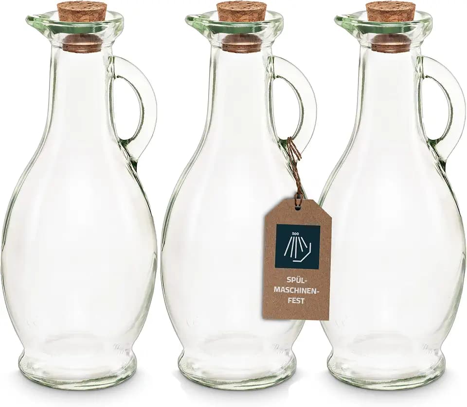Leere Glasflasche/Ölflasche zum Befüllen, 250 ml Karaffe mit Korken, für Öl, Essig, Wein, Liköre zu Mahlzeiten oder Sahne & Milch zum Kaffee, 3 Stück