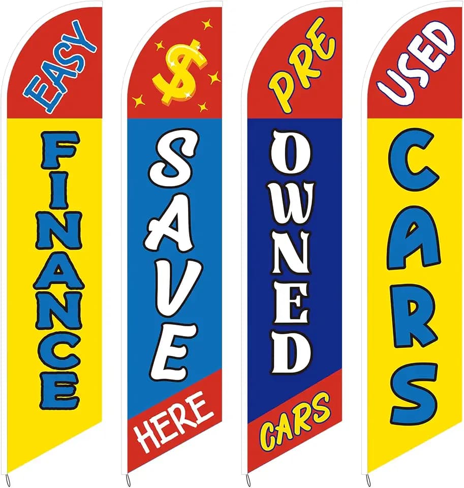 SmoothNovelty 4 Pcs Used Cars Flag Windless Swooper 12ft Lot Auto Finance Pre Owned Second Hand Cars Save Here Swooper Advertising Flags for Used Sale Business (Flagpole not included)