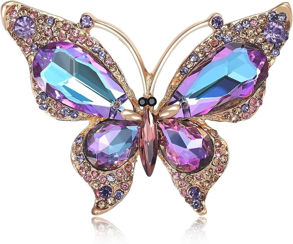Dreuyet Rhinestone Butterfly Brooch Pin for Women Shiny Colorful Crystal Butterfly Lapel Pins Elegant Insect Dress Corsage Bouquet Brooches Bride Wedding Jewelry Gifts