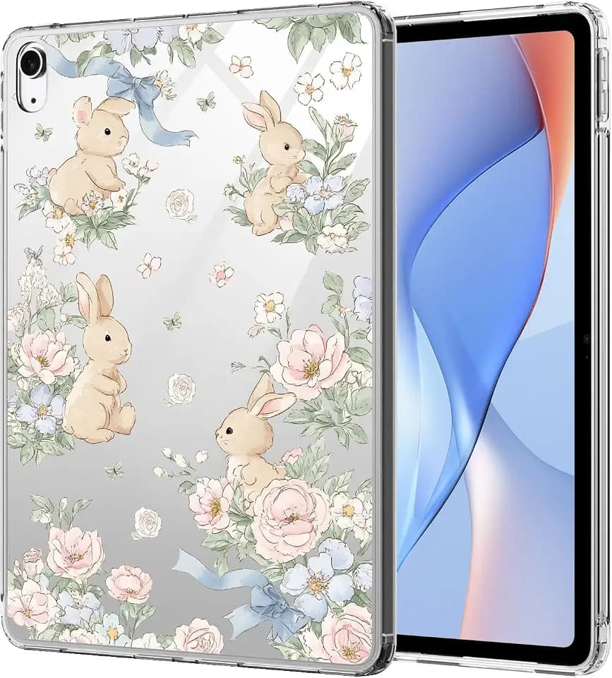 Cute Floral Bunny Case for iPad 10th Generation 2022 10.9"/ iPad (A16) 11th Gen 2025 11" Kawaii Animal Lovely Design Clear Protective Slim Tablet Cover Shockproof Transparent Hard Shell