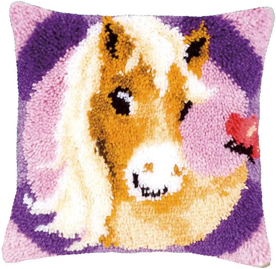DL-YTG Latch Hook Kits Pillow Horse Crochet Yarn Cushion Colour Pre-Printed Canvas Rug Needlework DIY Pillowcase Hook and Latch Kit Arts Crafts Christmas Home Sofa Decoration 42x42cm/17 X17