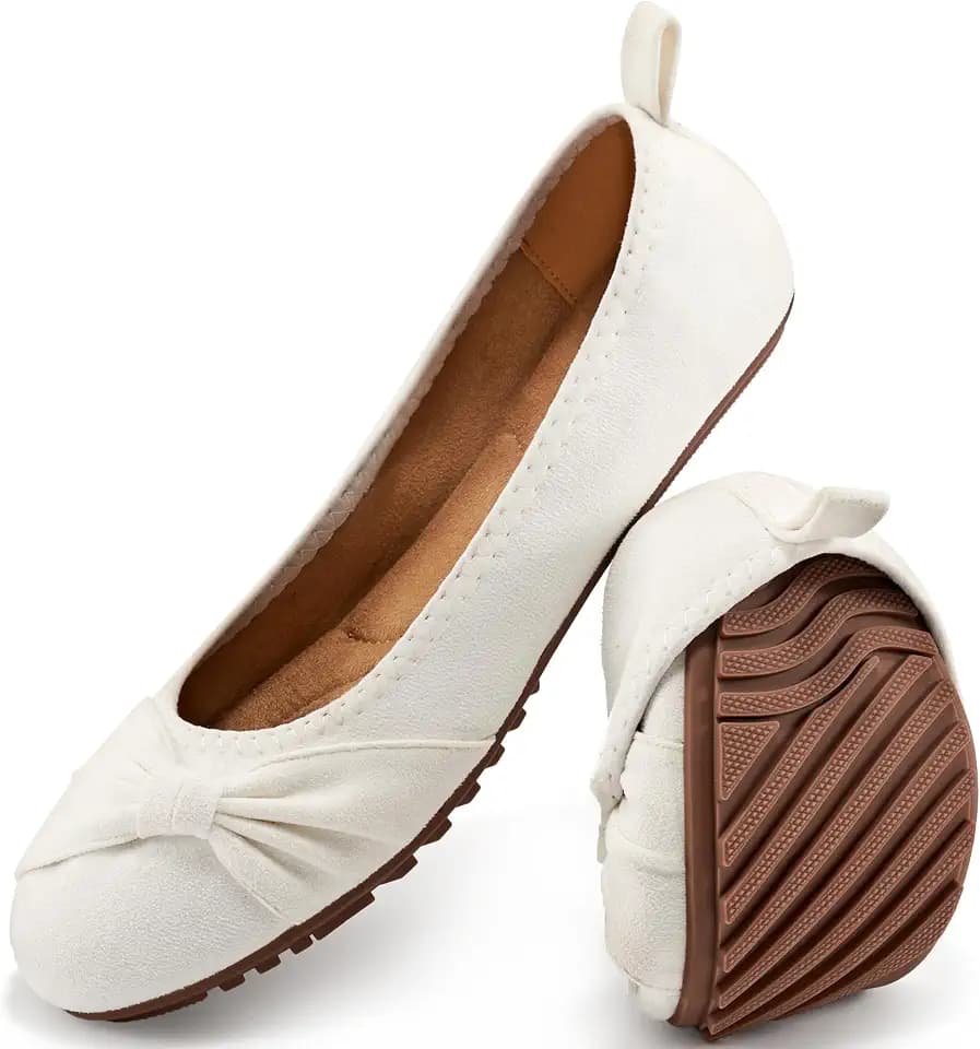 Ecetana Comfortable Ballet Flats for Women: Lightweight Cushioned Foldable Slip-On Work Shoes with Memory Foam - All Day Walking Comfort - Dressy Flats for Office Business
