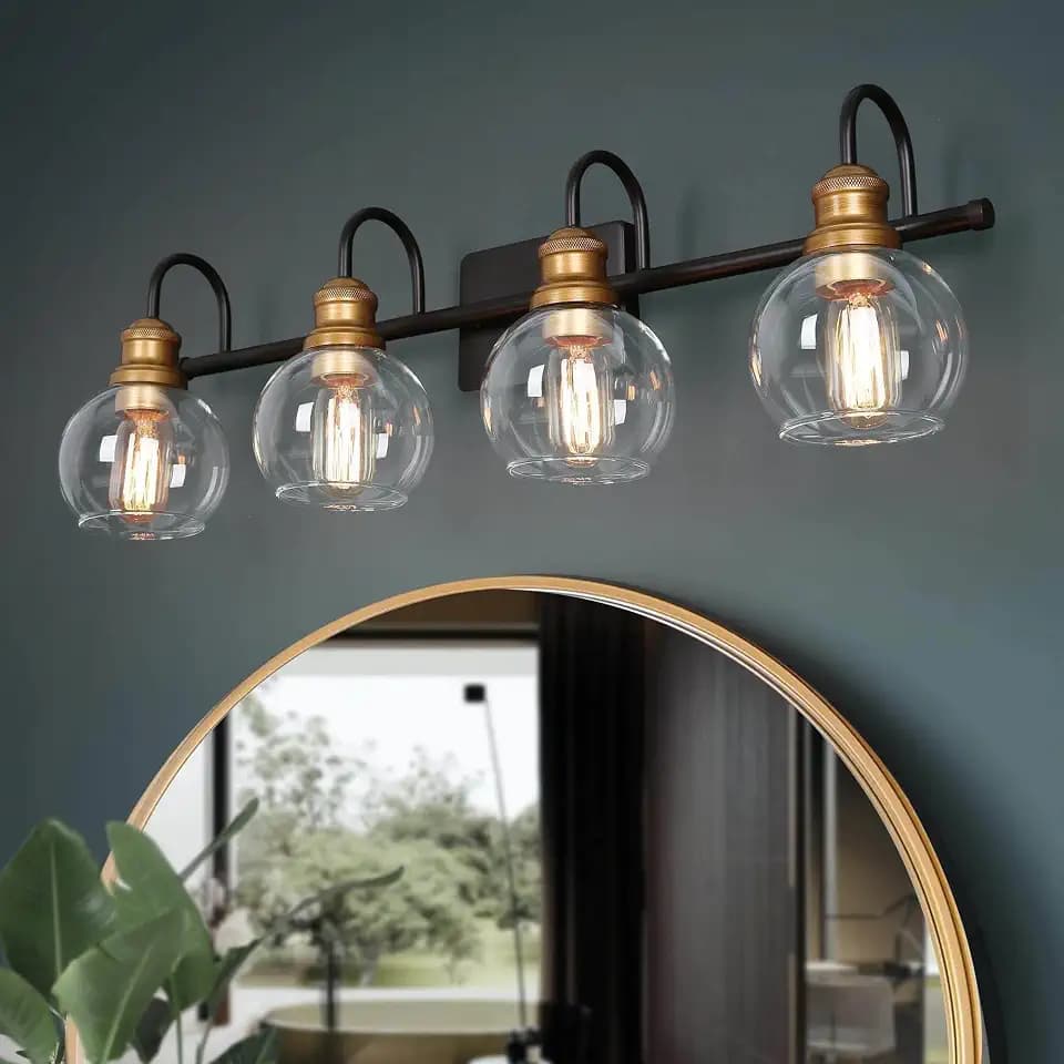 LALUZ Bathroom Light Fixtures, 4-Light Black and Gold Vanity Lights for Bathroom with Clear Globe Glass Shade, Modern Farmhouse Bathroom Vanity Lighting Over Mirror, 29.5" L x 7" W x 9" H