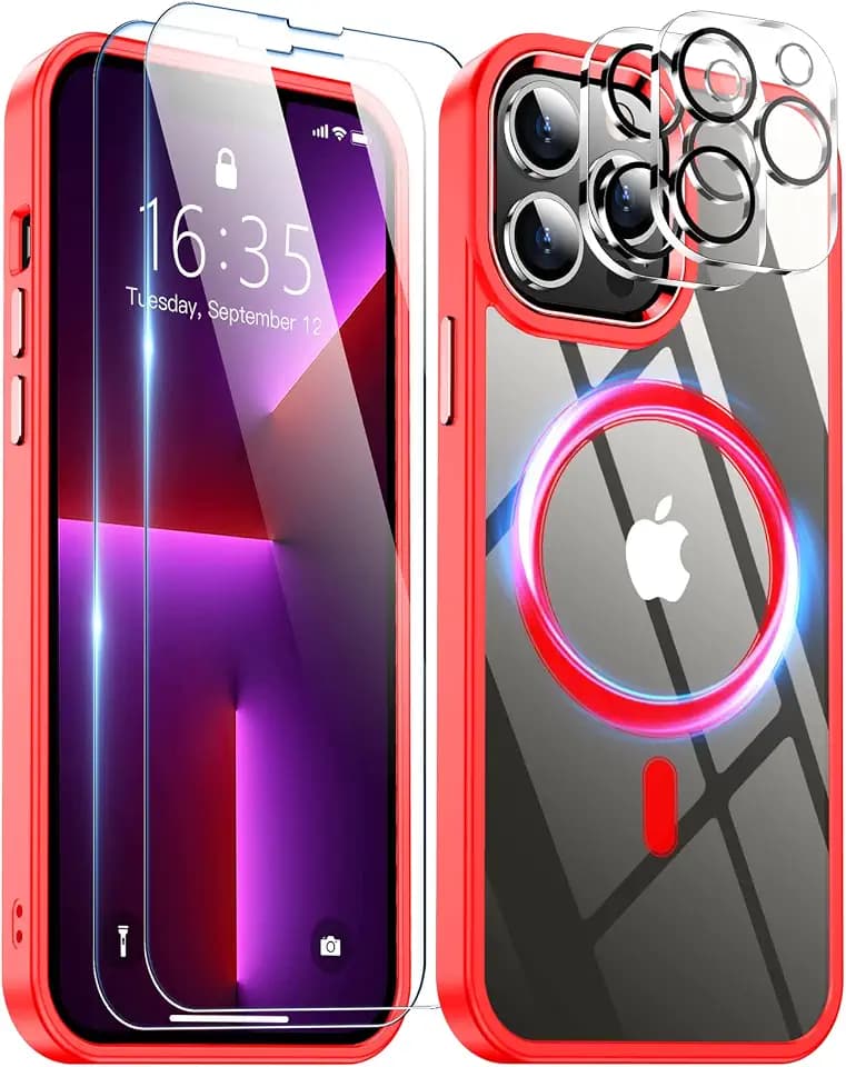 Temdan Strong Magnetic Case for iPhone 13 Pro Max Case Clear,[Compatible with MagSafe][Never-Yellowing] 2X[Glass Screen Protector+Camera Lens Protector] Shockproof Slim Fit Bumper Phone Case-Red