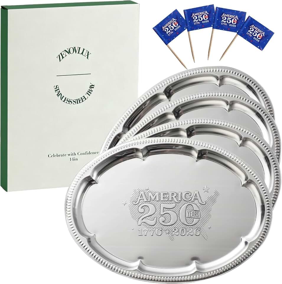 4 Pack 250th Anniversary USA Oval Silver Serving Trays with 4 US Toothpick Flags - 15.7" x 11.8" Stackable Mirror Platter, Floral Engraved Tableware for Fourth of July Party, BBQ, Food
