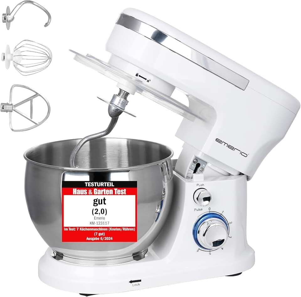 EMERIO Küchenmaschine Knetmaschine Rührmaschine mit 5L Edelstahlschüssel + 3 Rührwerkzeuge + Spritzschutz mit Einfüllöffnung kraftvolle 1000 Watt Power 6 Geschwindigkeiten + Pulse Retro KM-123117