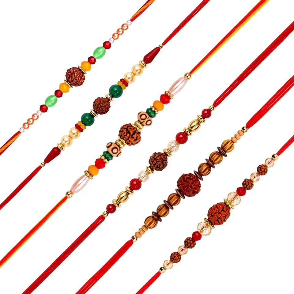 6 Pcs Handmade Designer Rakhi Set for Brother, Om Beads, Floral & Traditional Thread Design, Multi Color, Adjustable, Polyester Blend (Traditional Rudraksha Rakhi)