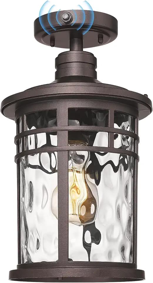 Darkaway Semi Ceiling Light Fixtures, Dusk to Dawn Flush Mount 14.37inch Large Ceiling Lighting with Waterproof Water Ripple Glass Shade for Outdoor Hallway Porch Entryway