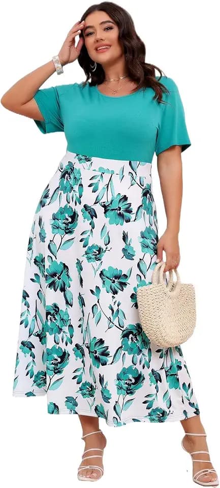 Übergröße Damen Bohemian Blumen Urlaubskleid Strandkleid 2025 Sommerkleid A-Linie-Kleid Midikleid Freizeitkleid