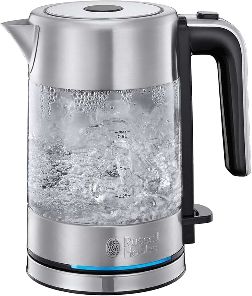 Russell Hobbs Wasserkocher Compact, 0,8 l, Glas und Edelstahl, 2200 Watt | Blaue LED-Beleuchtung, Herausnehmbarer Kalkfilter, Kleiner Reisewasserkocher, 2200 Watt, 0,8 l, Klein, 24190-70
