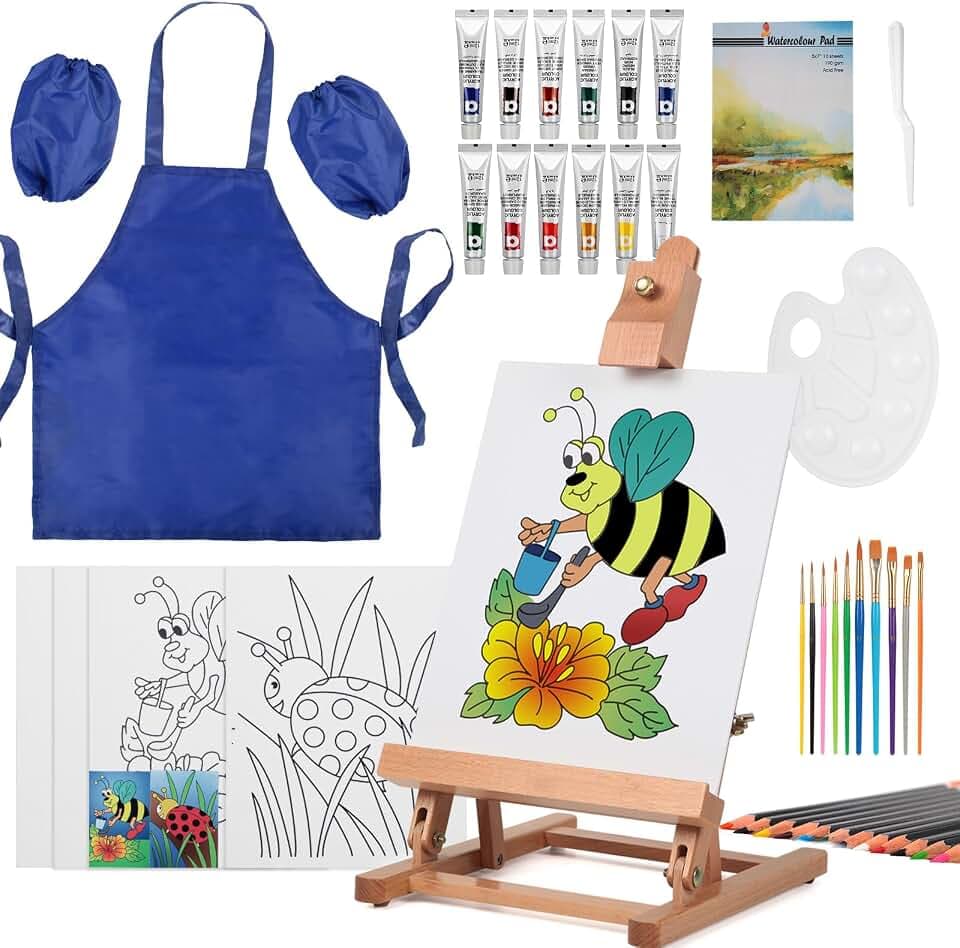 COOZEE 43-teiliges Malset mit Tischstaffelei, Acrylmalerei-Starterset mit 12 Acrylfarben, 12 Buntstiften, Pinseln, Leinwandplatten und Aquarellblock für Einsteiger & Hobbymaler