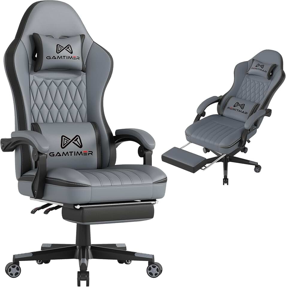 Gamtimer Gaming Chair with Footrest, Ergonomic Computer Chair, PU Breathable Material with Headrest and Lumbar Support, Suitable for Silla Gamer and Adults(Grey)