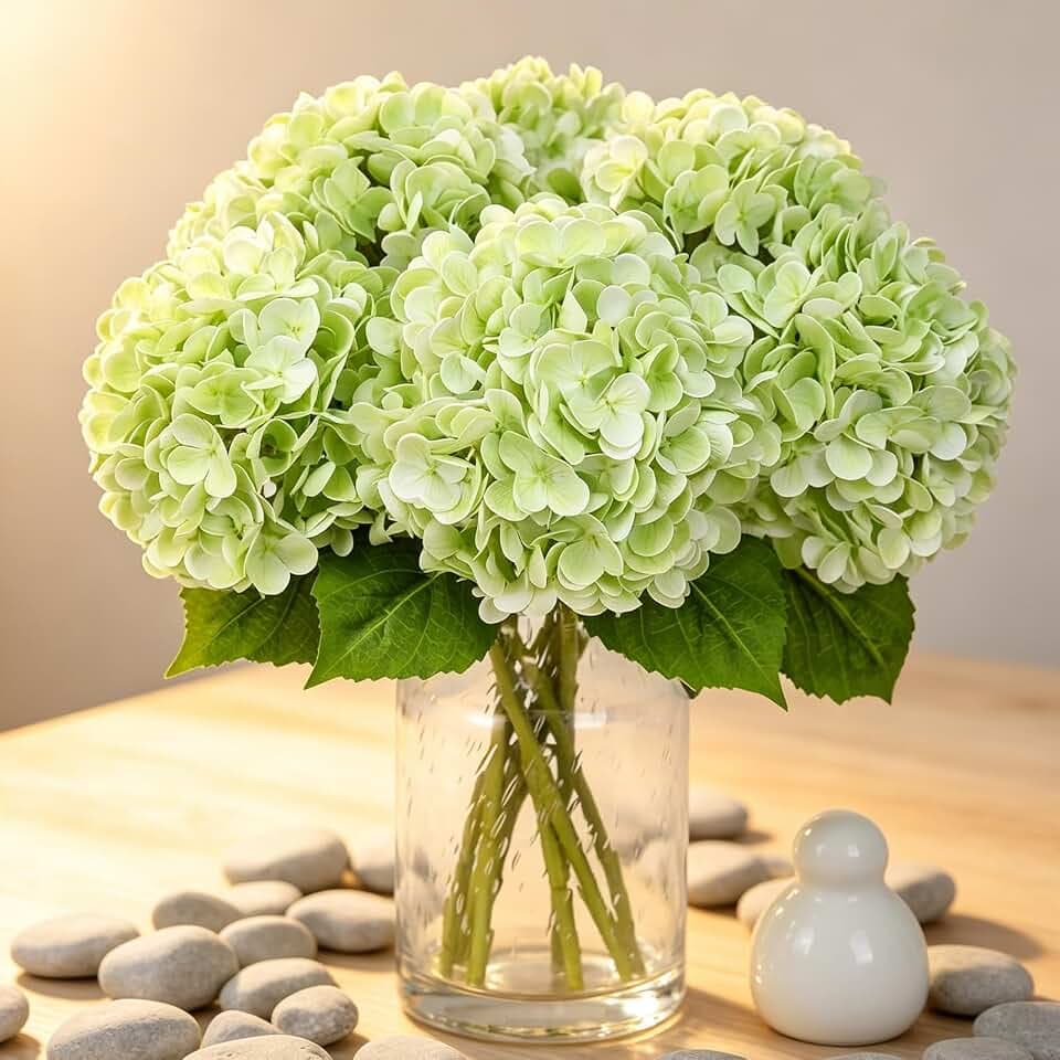 Kisflower 3Pcs Hortensien Künstliche Blumen, Single Stem Realistische Hydrangea Blumen,57CM Real Touch Latex Hortensien Kunstblumen für Hochzeiten Party Büro Home Decor(Hellgrün)