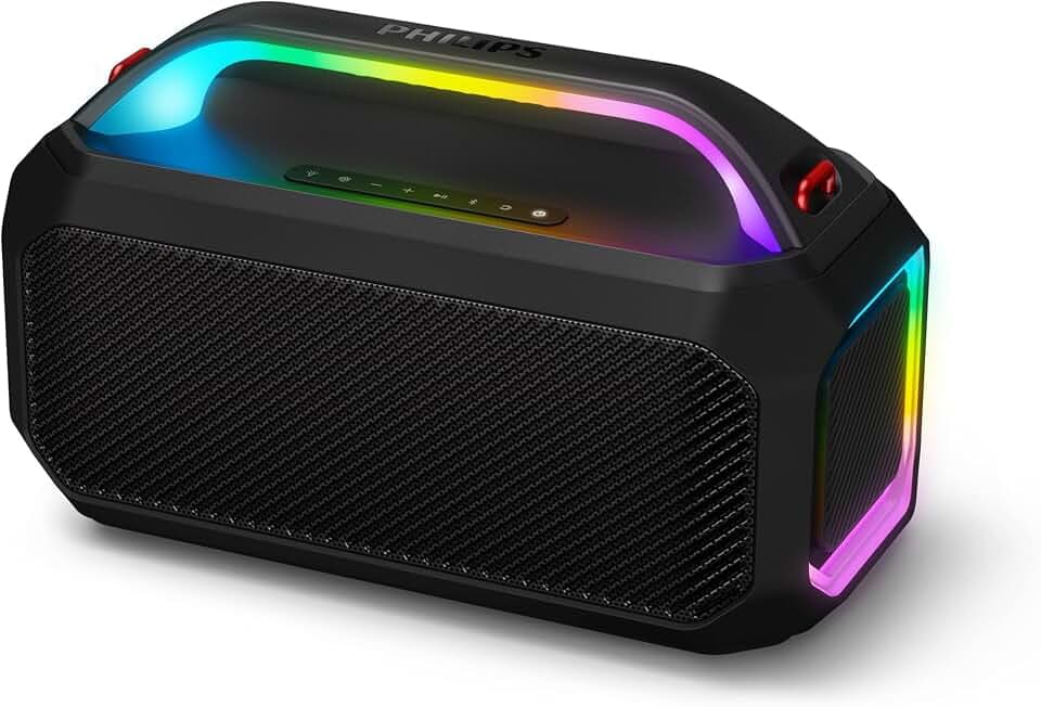 PHILIPS TAS7000EB kabelloser Bluetooth-Lautsprecher, 100 W max. Ausgangsleistung, Bass+, LED-Lichtshow, Auracast, IP67, 24 Std. Wiedergabe, Powerbank, Mikrofoneingang, austauschbarem Akku – Schwarz