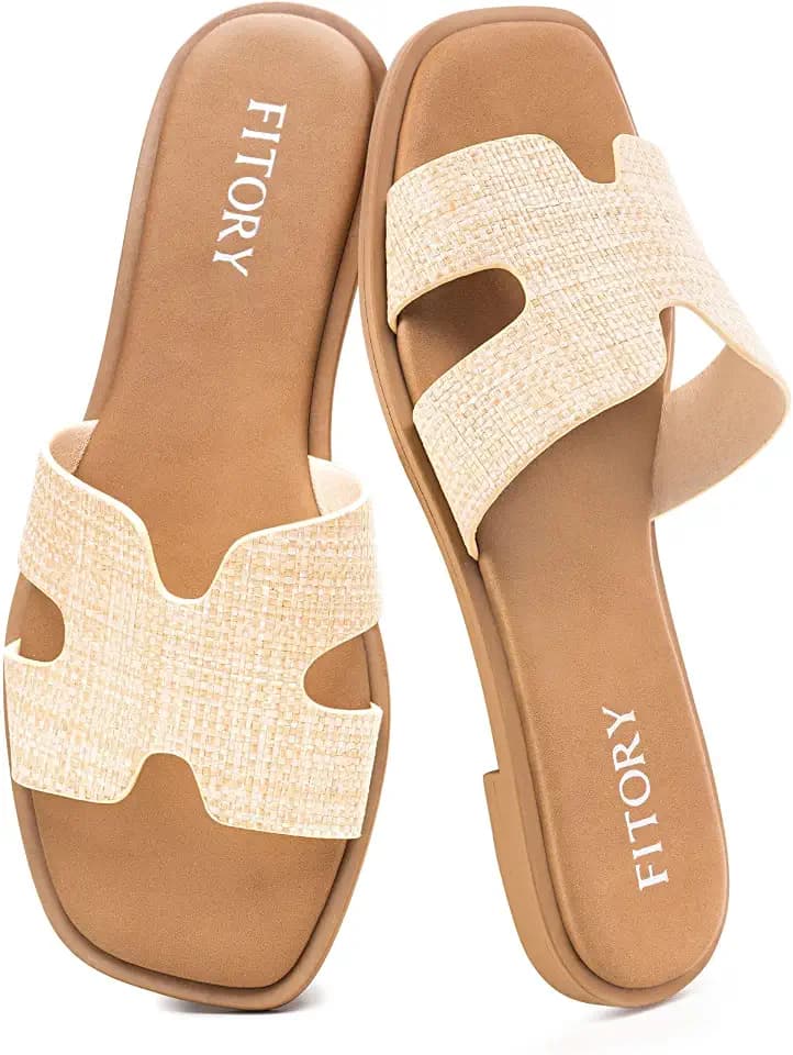 FITORY Women's Slide Sandals, Fashion Square Open Toe Flats with Cushion