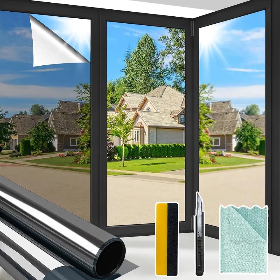 One Way Window Privacy Film Reflective Mirror Home Window Tint, Daytime Privacy Heat Control Anti UV Glass Tinting for Home Self Adhesive, Black-Silver, 35.4 x 118