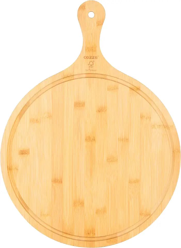 Cozze® Pizzaschneidebrett aus Bambus Ø 35 cm mit Griff und Saftrille – rundes Pizzabrett & Servierbrett, 20 mm stark, Gesamtlänge 47,8 cm