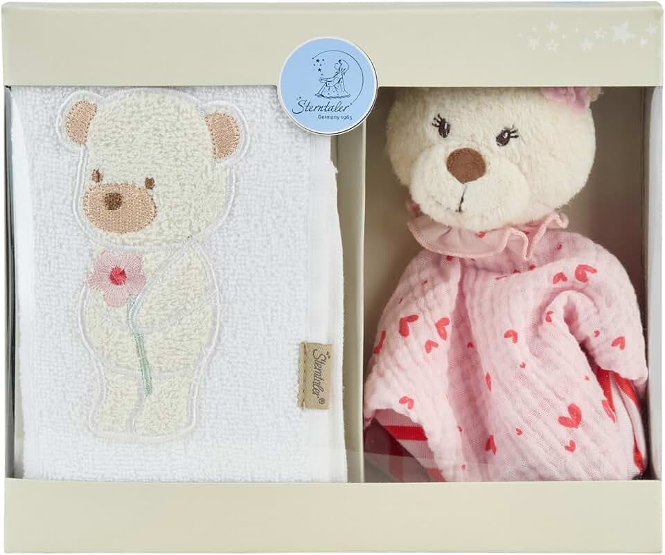 Sterntaler Geschenkset Bär Betty mit saugfähigem Kinderhandtuch, kleinem Schmusetuch mit Rassel, weicher Plüsch und Baumwolle, ideal zum Kuscheln und Spielen; rosa