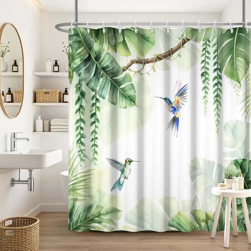 Hummingbird Sage Green Tropical Palm Shower Curtain Bird Eucalyptus Leaves Botanical Floral Shower Curtains for Bathroom Spring Leaf Waterproof Polyester Bathtub Curtain with Hooks 72" Wx72 L