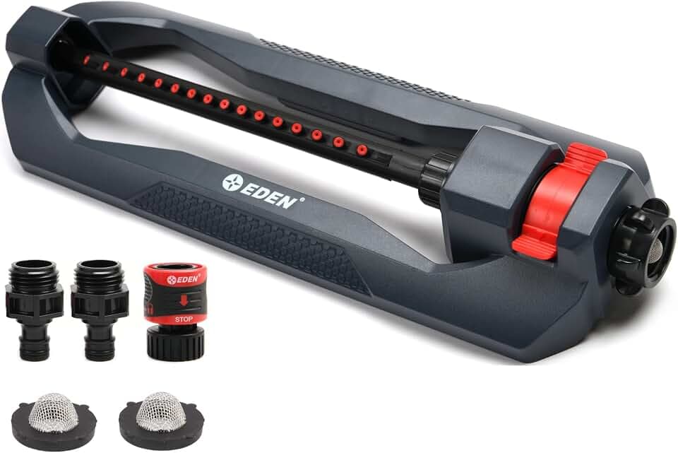 Eden 96213 Weighted Essential Oscillating Sprinkler | Covers Up to 3,600 sq. ft., 16 Precision Nozzles, Adjustable Range, Turbo Drive Motor, Quick Connect Bundle, Stainless Steel Filters, Black
