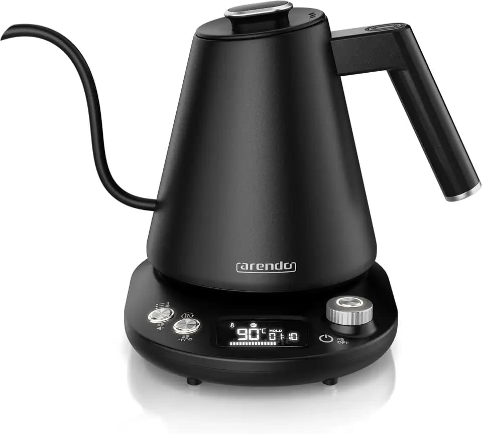 Arendo - Wasserkocher Edelstahl mit Temperatureinstellung - 1100 Watt - 40° bis 100° - Warmhaltefunktion 2 Stunden – 1 Liter – Design Teekocher - Temperaturanzeige - Schwarz