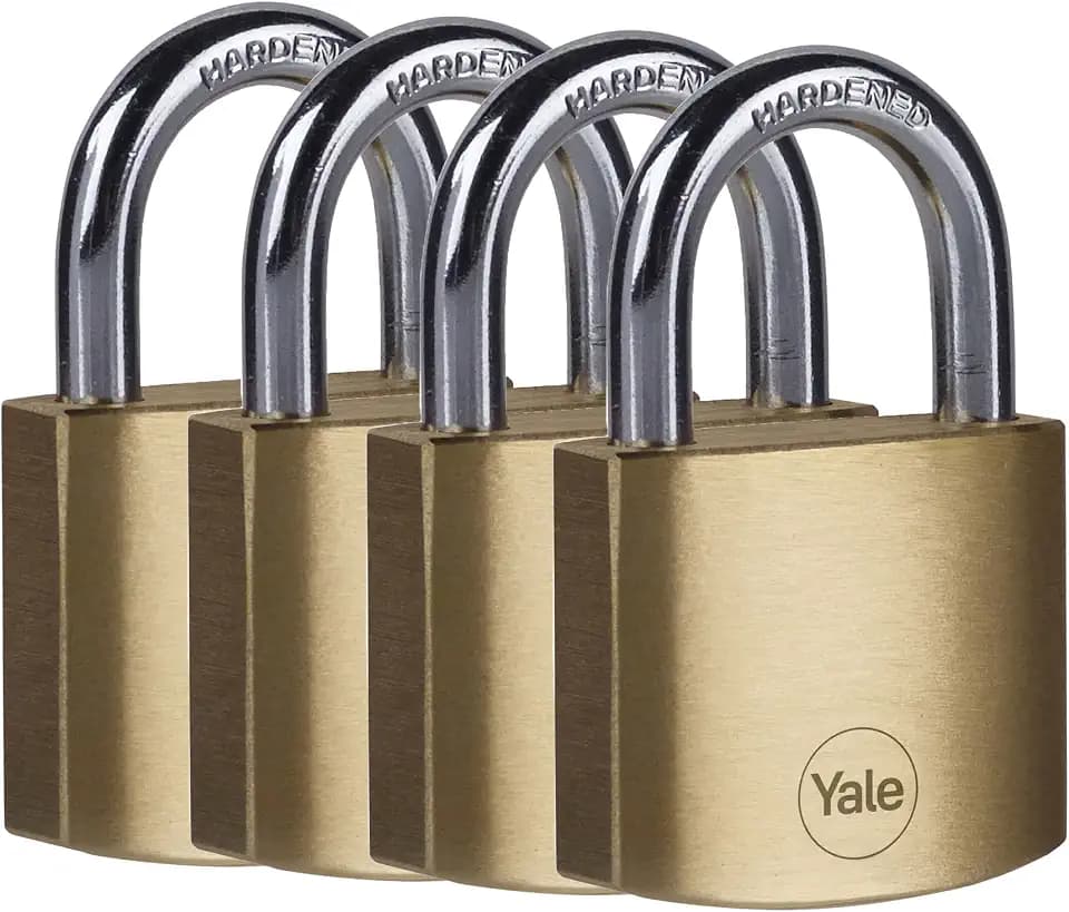 Yale Y110B/40/122/4, Standardsicherheit, 40 mm, Messing, Vorhängeschloss, offener Bügel aus gehärtetem Stahl, Ø 6,3 mm, inkl. 4 gleichschließende Schlüssel, 4er Set, für Spind, Werkzeugkiste, Schrank