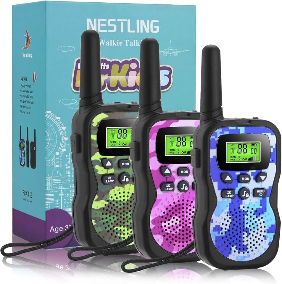 Nestling Walkie Talkie 3 Stück, Verbesserte Version Camouflage 8 Kanäle, 2-Wege-Radio-Spielzeug mit Hintergrundbeleuchtung LCD-Taschenlampe, 3 KM Reichweite für Kinder, Indoor-Outdoor-Aktivität