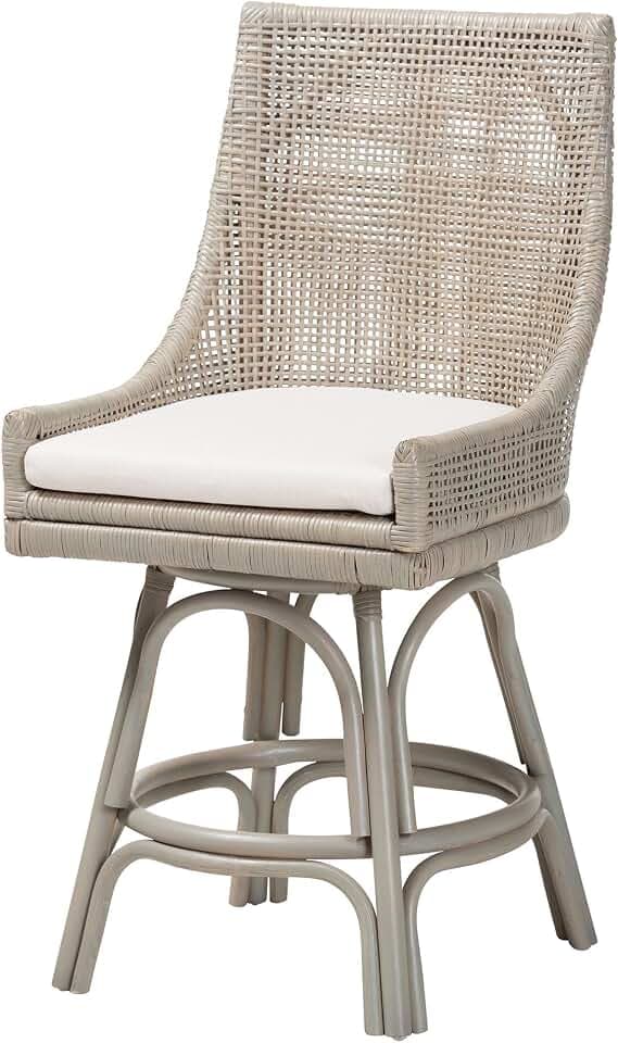 Bali & pari Bella Swivel Rattan Counter Stool with Cushion - Handwoven Wicker Kitchen Island Seating with Backrest and Footrest, French Grey