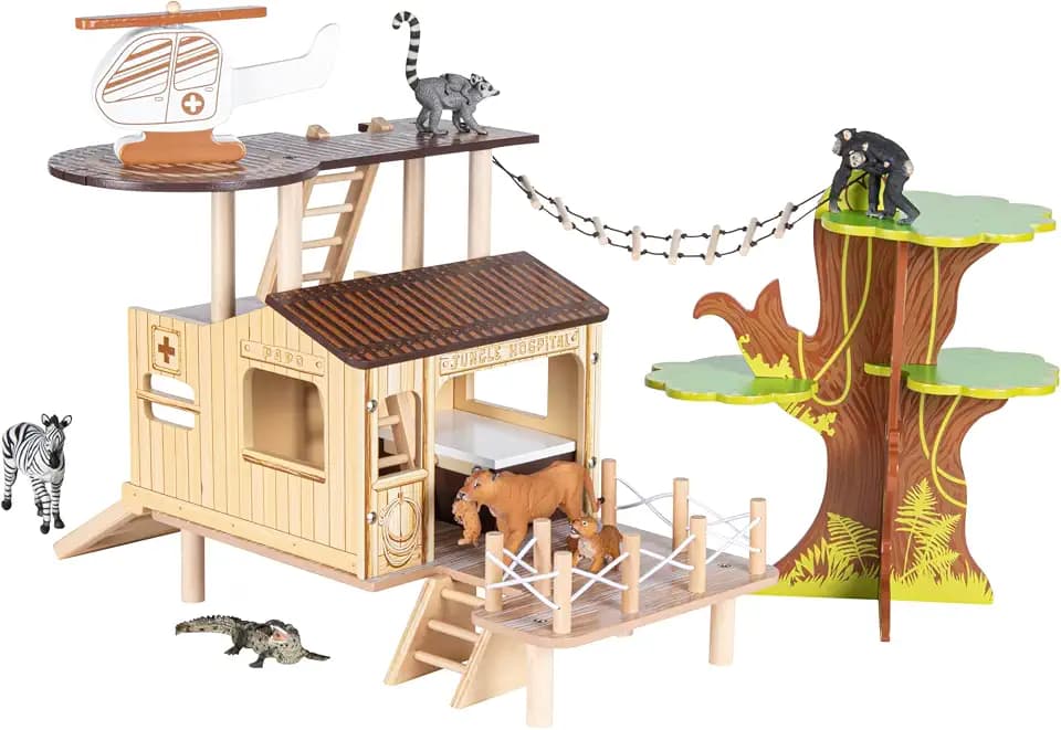 PAPO – Bush Hospital 3+ Jahre – Spielumgebung aus Holz – Entdeckung exotischer Tiere – Kinderspielzeug zum Sammeln