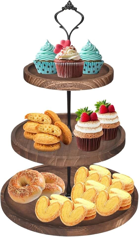 Tortenständer 3 Etagen, Etagere Holz, Obst Etagere 3 Stöckig, Buffet Zubehör für Geburtstagsparty, Nachmittagstee, Babyparty und Hochzeit, 25 x 36 CM Platz