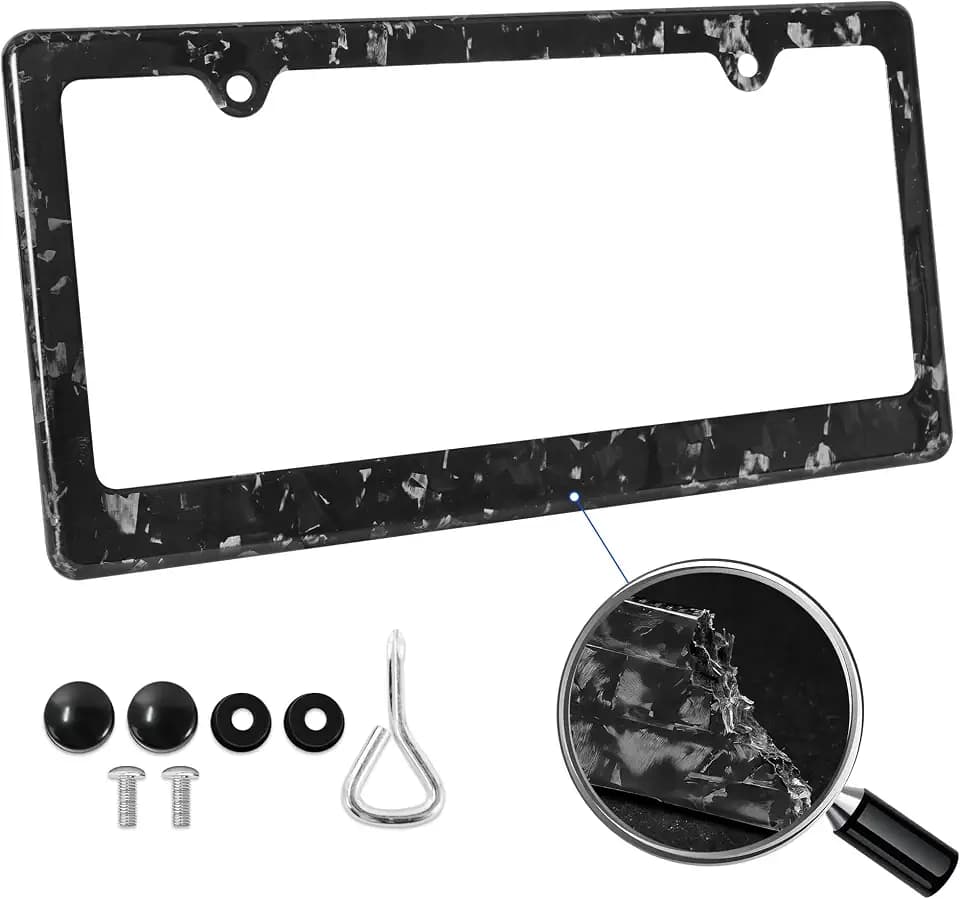 100% Real Carbon Fiber License Plate Frame, 2 Holes Slim Edge License Plate Frames - Forged Design Glossy Black Finish License Plate Holder with Mounting Tools for US CAN Cars 1PCS