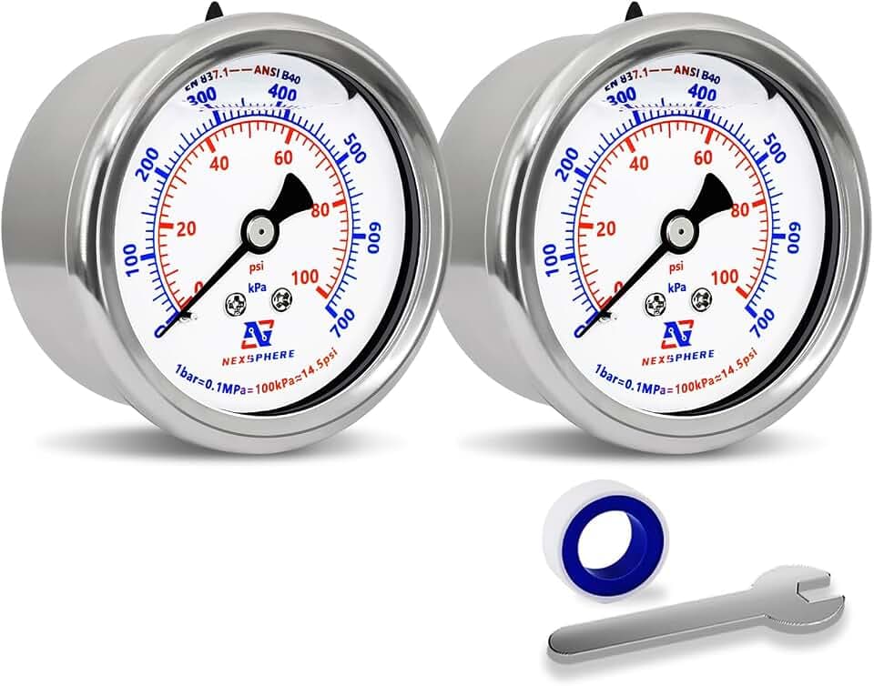 [2 Pack] 100 psi Water Pressure Gauge, 2'' Dial Size Liquid Filled Pressure Gauge, 304 Stainless Steel Case, 1/4" NPT Back Mount, Brass Connection, IP67 Waterproof