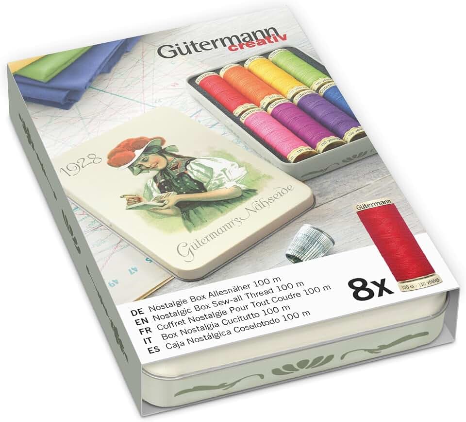 Gütermann creativ Nostalgie-Dose mit 8 Spulen Allesnäher 100 m in bunten Farben
