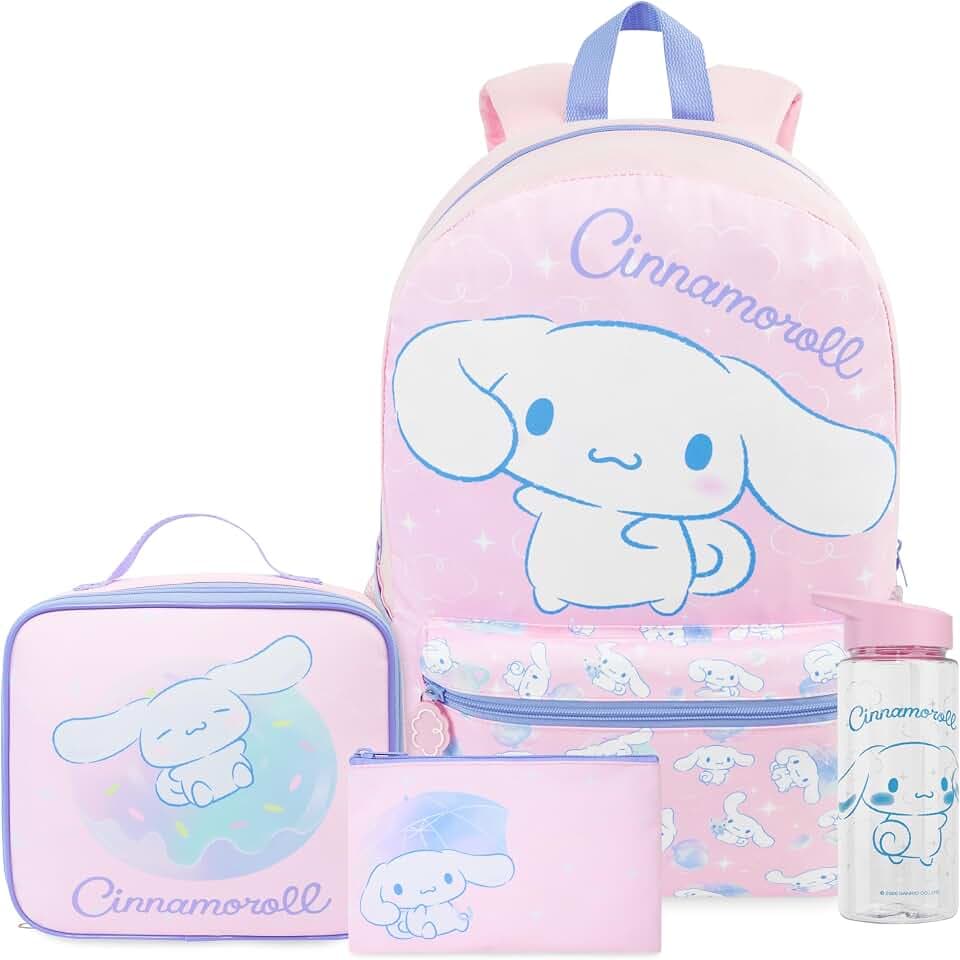 Get Trend Hello Kitty Cinnamoroll Rucksack Kinder 4 TLG. Größer Kinderrucksack, Trinkflasche 500ml, Federmäppchen & Isolierte Lunchtasche, Geschenk für Kinder (Multi Cinnamoroll)