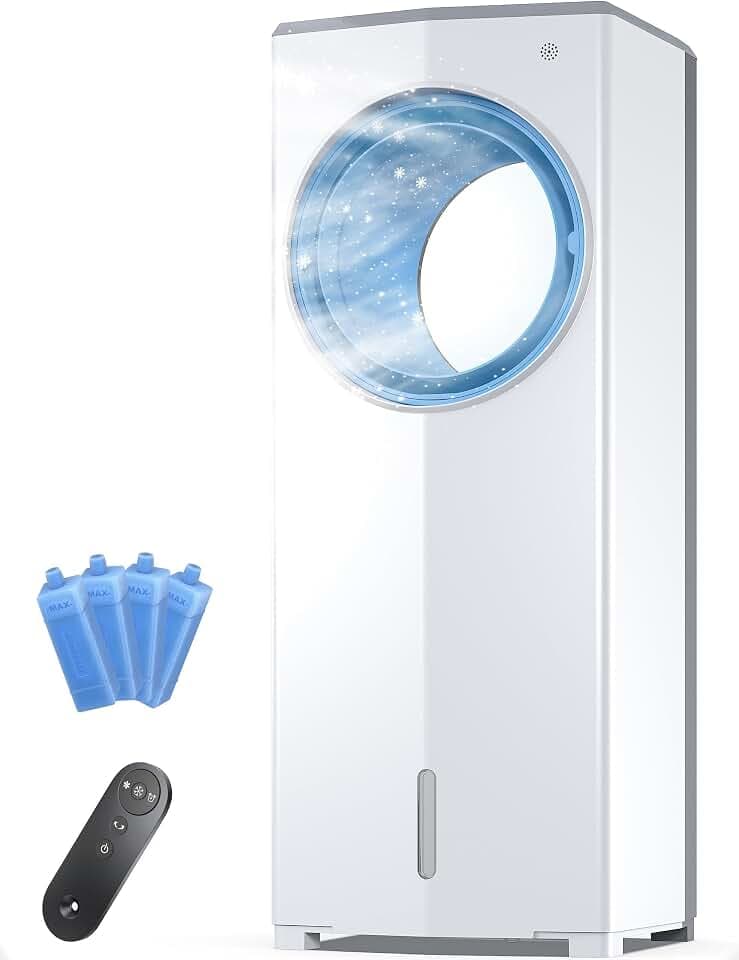 Windowless Portable Air Conditioner, 26" Evaporative Air Cooler for Room No Window, 7H Timer, 4 Modes, Remote Control, 120° Max Oscillating, Large Water Tank, Quiet AC Unit for Bedroom, White