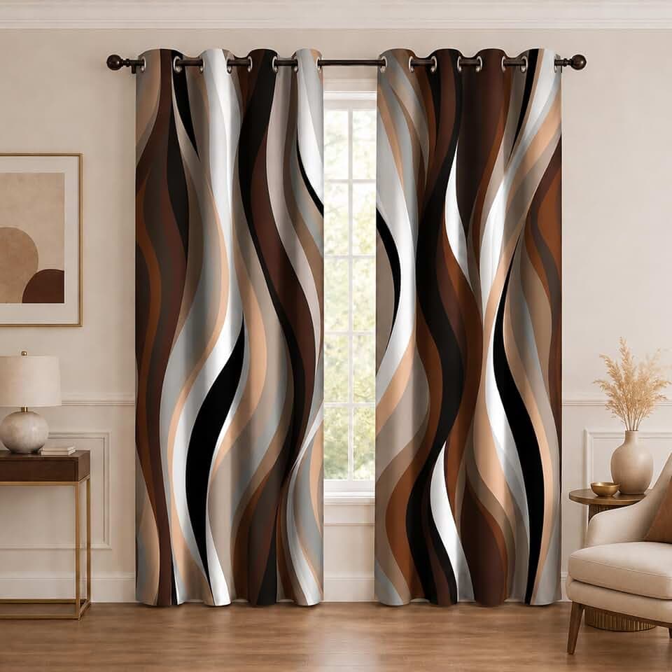Brown Abstract Blackout Curtain, Stripe Black White Gray Aesthetic Art Window Curtains Living Room Bedroom Decor Darkening Window Drapes Treatments, 2 Panels 52x84 Inch