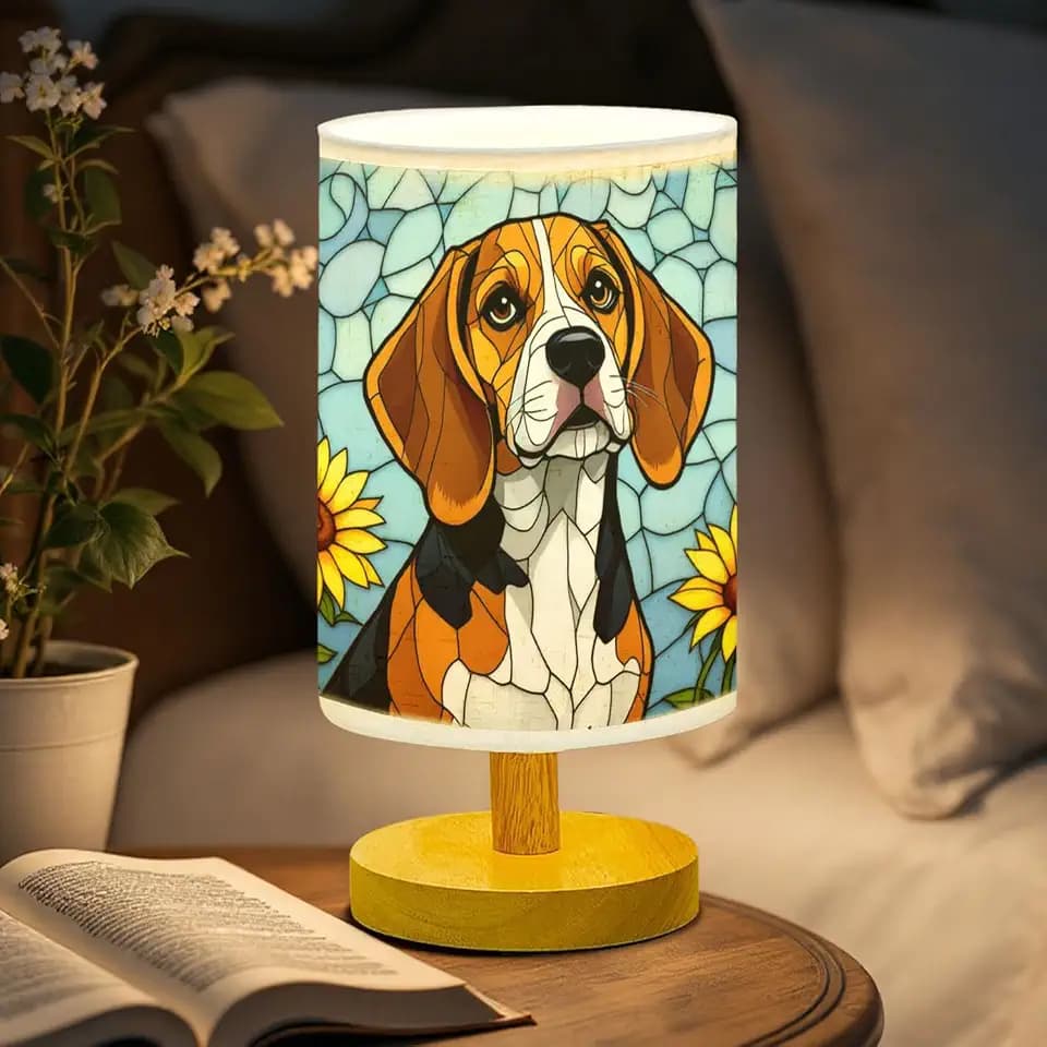 Beagle Table Lamp LED 3-Color Pressed Bedside, Dog Shade Lamp with Wood Base for Bedroom Living Room Desk Office
