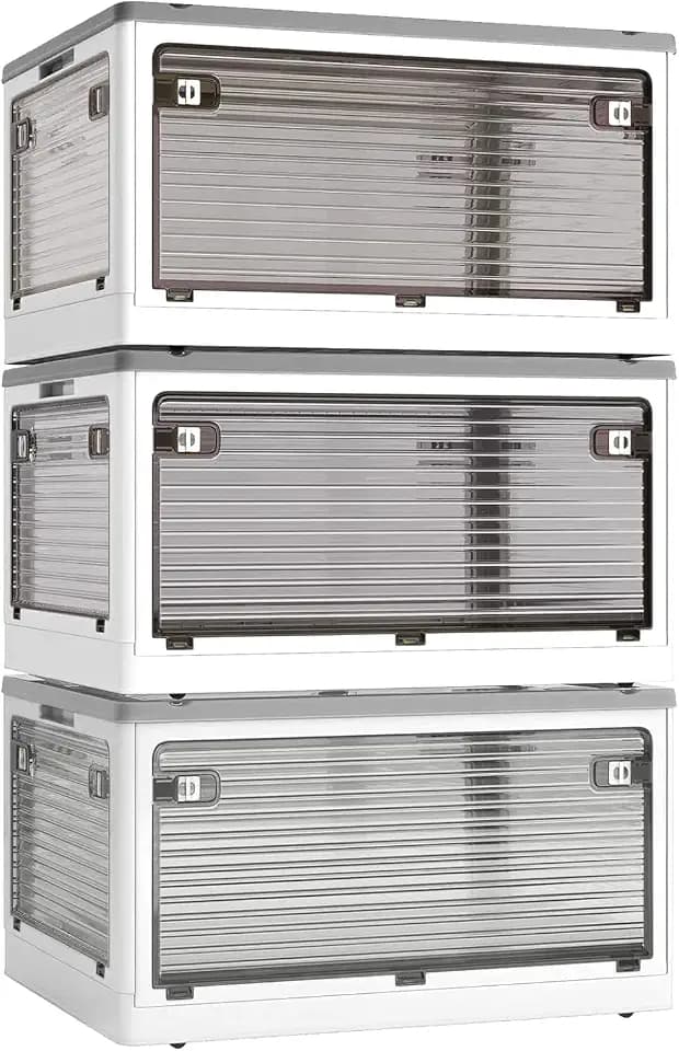 Stackable Storage Bins with Lids and Wheels, Foldable Storage Boxes Collapsible Storage Organizers for Home Organization, Storage Cabinets for Outdoor Camping, 3-Pack 50L, White