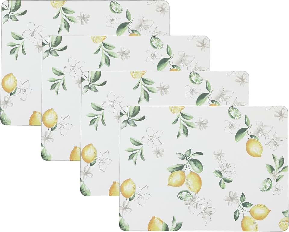 Laura Ashley Cork Placemats, 16 x 12-inch, Set of 4, Lemon Floral