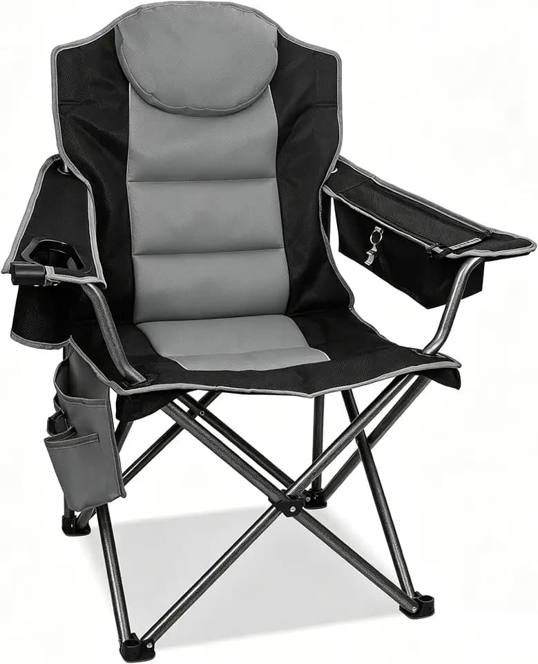 Colorsoul Oversized Camping Chair, Full Padded Lawn Chair with Cup Holder, Cooler Bag and Shoulder Straps, Heavy Duty Outdoor Folding Chair for Camping, Beach, Fishing, Support 350 LBS, Black