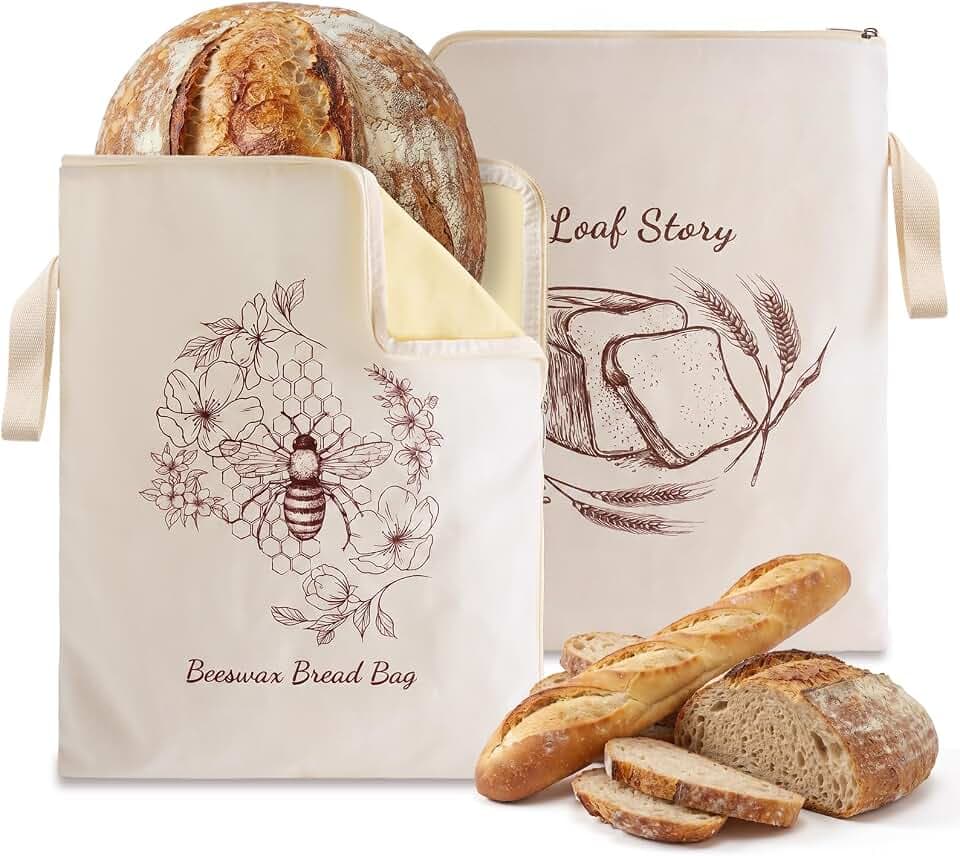 Beeswax Sourdough Bread Bags with Wide Zipper Access, 2 Pack XL 13" x 17" Reusable Linen Cotton Bread Bags for Homemade Bread, Helps Maintain Crust & Freshness (Double-Sided Print Design)