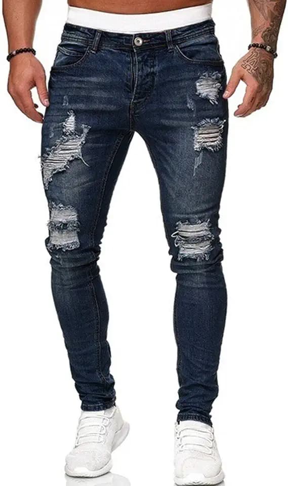 Geagodelia Moderne Herren-Jeans, zerrissen, mittlere Taille, schmal, mit Löchern, lässig, modisch, Streetwear-Stil Gr. 36-41, dunkelblau