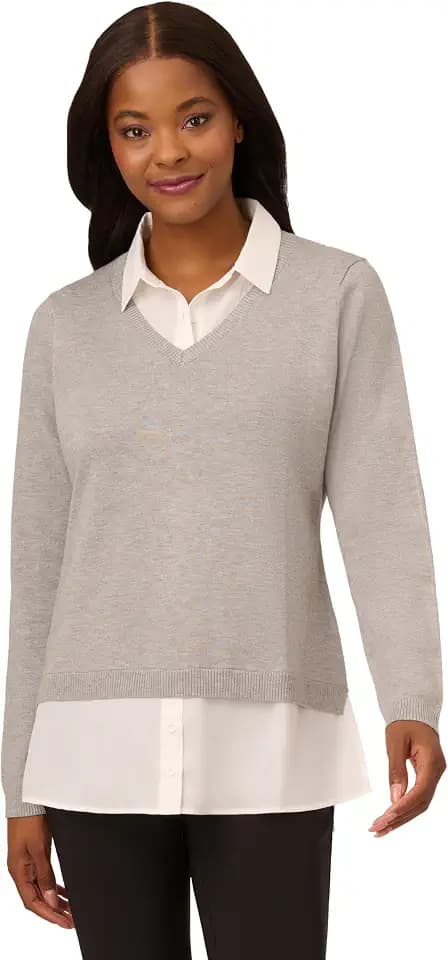 Adrianna Papell Women's Solid V-Neck Twofer Sweater