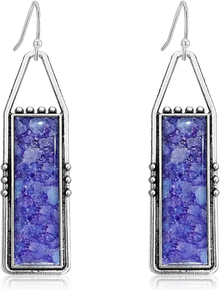 Handmade Bohemian Tribal Retro Colorful Square Bar Dangle Drop Earrings National Style Lightweight Vintage Silver Geometry Hook Earrings for Women