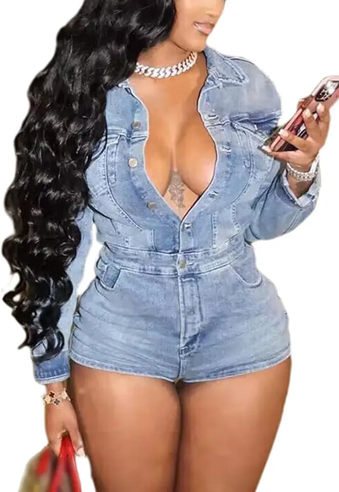 LETSVDO Women Denim Romper Shorts Long Sleeve Cargo Jean Jumpsuits Clubwear