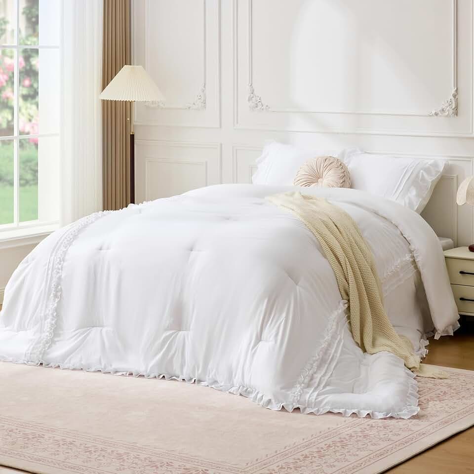 BDEUS White Ruffle Comforter Set Queen Size, 3 Pieces Lightweight Fluffy All Season Bedding, Farmhouse Shabby Chic Boho Bed Sets with Cute Pom Pom Design,1 Comforter & 2 Pillowcases, 88"X88"