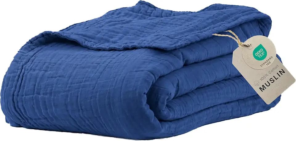 100% Cotton Gauze 50"X70" Large Throw 4 Layered Blanket- Navy Blue