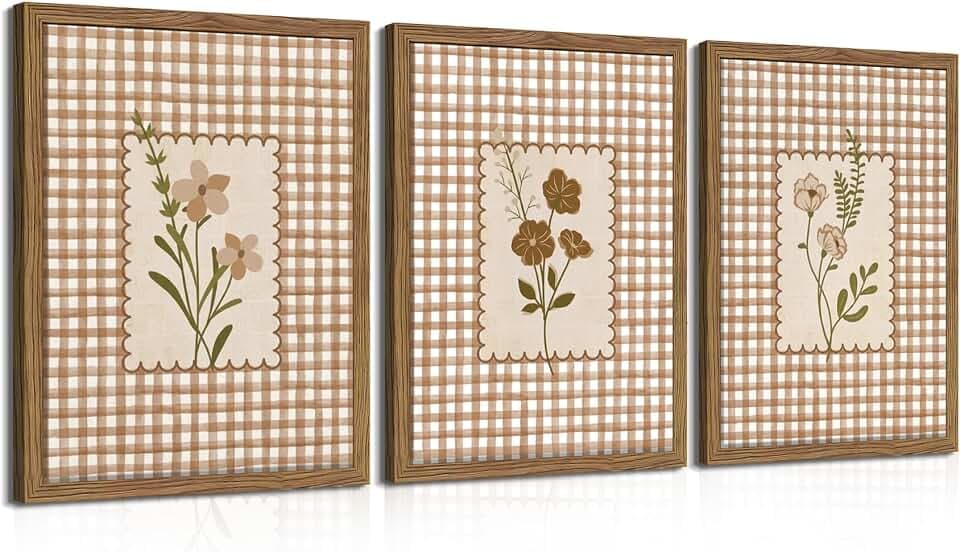 Framed Vintage Floral Wall Art Set of 3, Neutral Wildflower Botanical Canvas Wall Decor Paintings, Cottagecore Gingham Flower Posters Prints Pictures for Living Room Bedroom Bathroom 12x16 Inch